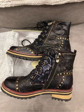 L’ artiste studded, and Embroidered Leather Combat Boots